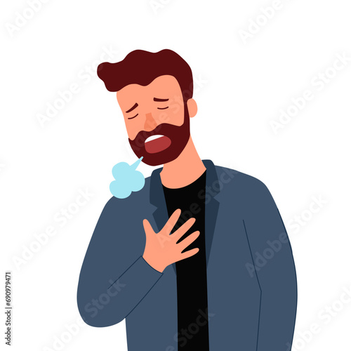 Man pressing against his chest with a shortness of breath symptom in flat design on white background. Difficulty breathing.