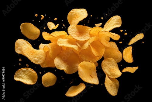 Falling natural potato chips isolated on black background with clipping path