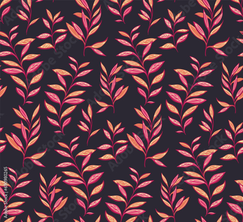 Seamless pattern with abstract, creative, colorful leaves stem. Burgundy foliage, leaf branches on a black background. Vector hand drawn sketch. Design for fabric, fashion, wallpaper, print