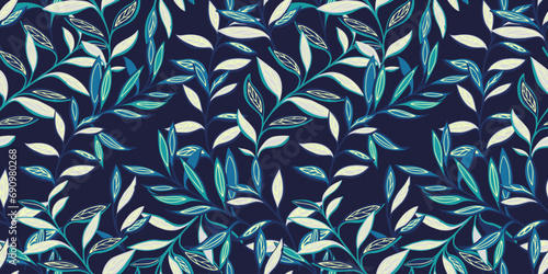 Abstract creative leaves stem intertwined in a seamless pattern. Modern stylized tropical botanical print. Dark blue leaf branches on a black background. Vector hand drawn sketch. 