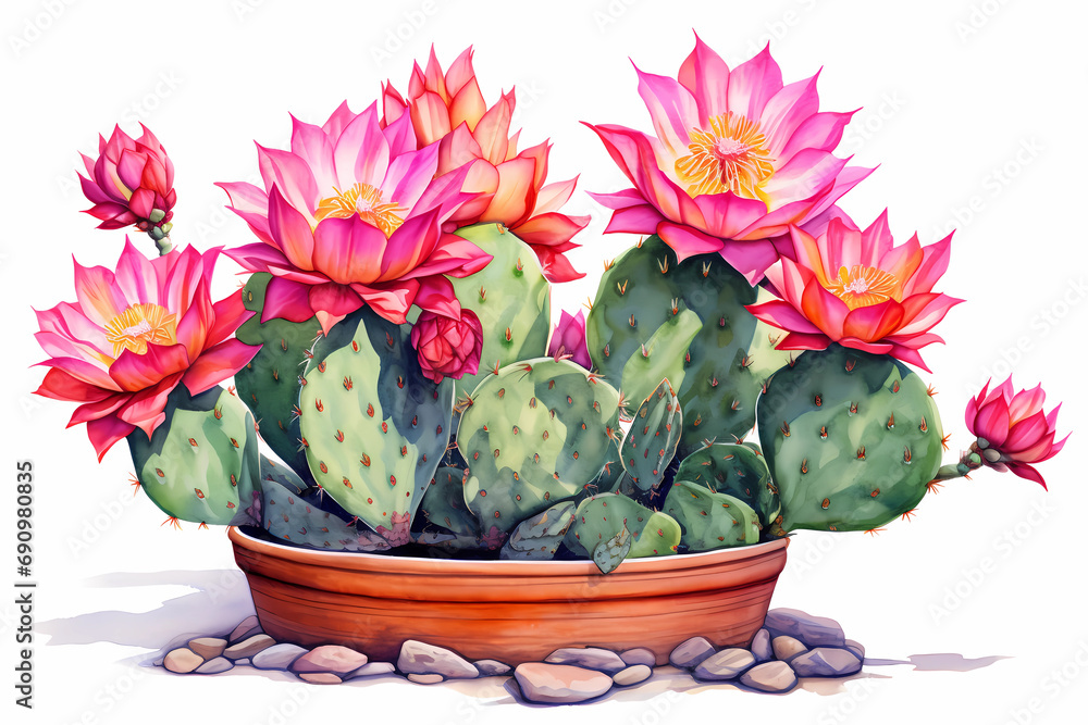 Watercolor cactus with pink flowers in the pot on white background. Tropical floral illustration.
