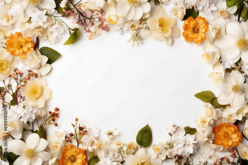 layout made with flowers and white frame. Spring minimal concept. Nature background layout made with flowers and white frame. Spring minimal concept. Nature background