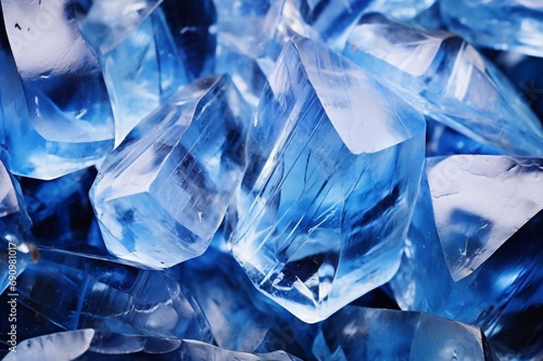 Blue and clear natural gem stone texture. Abstract cristal background with translucent cristals photo