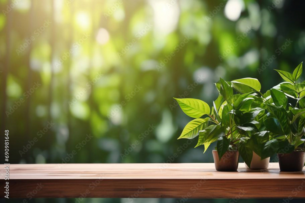 
Wood table green wall background with sunlight window create leaf shadow on wall with blur indoor green plant foreground.panoramic banner mockup for display of product.eco friendly interior concept