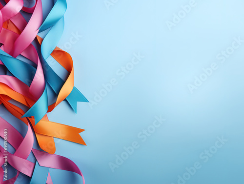 A yellow awareness ribbon on a blue and pink background. G