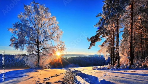夕日と雪景色の木々