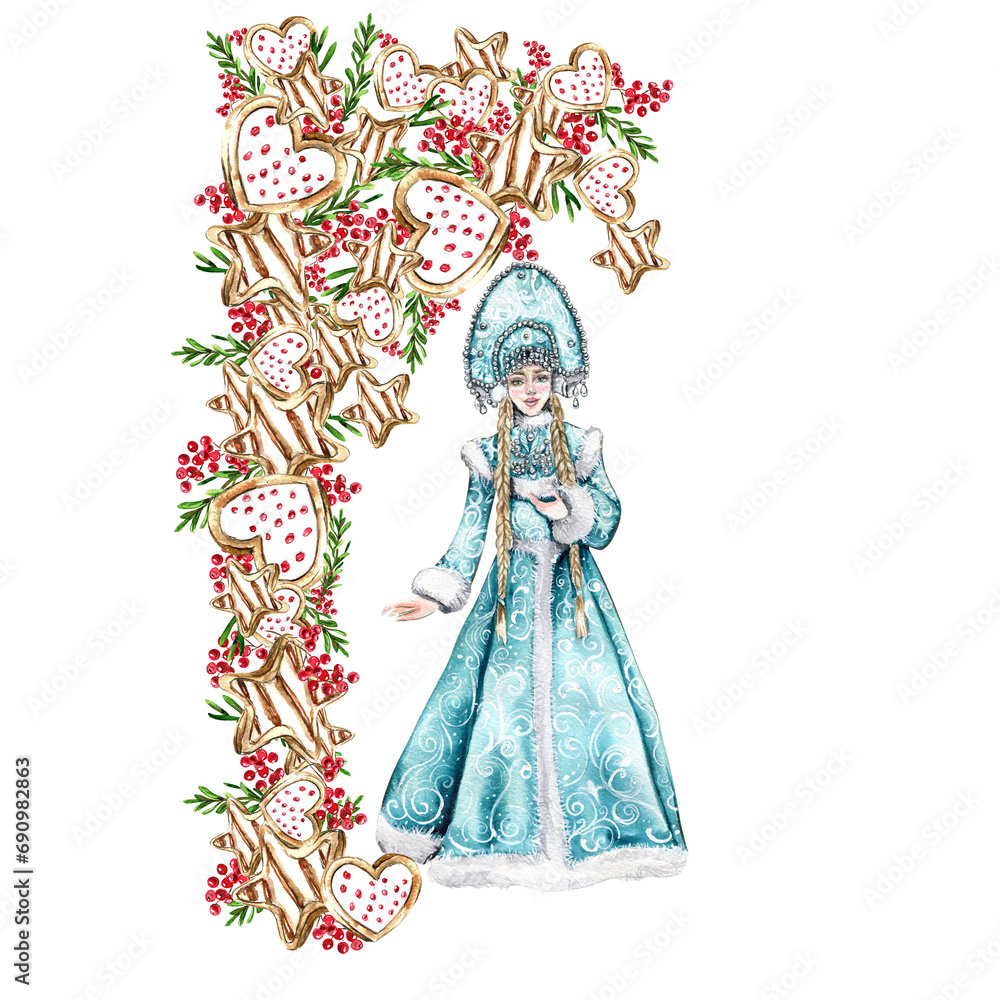 Composition for Christmas with Snow Maiden in a blue dress and cookies. Winter hand drawn illustrations for cards, backgrounds, scrapbooking and your design. Perfect for wedding invitation.