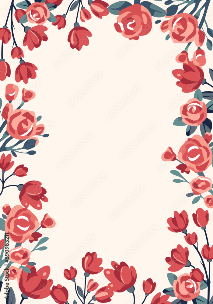 Vector frame with roses. Valentine's day concept poster in flat style. Banner or greeting card with red flowers