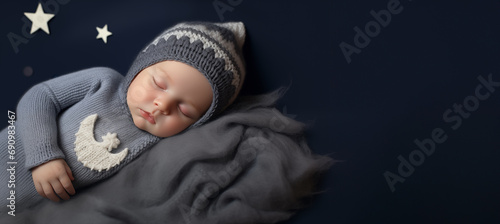 Adorable petit enfant dormant avec un bonnet, arrière-plan de couleur uni