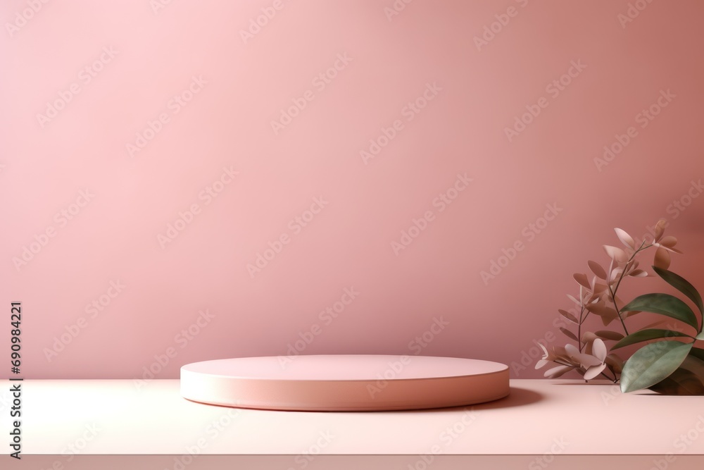Empty Podium Display with Pink Background and Plant Accents Empty Podium Display with Pink Background and Plant Accents