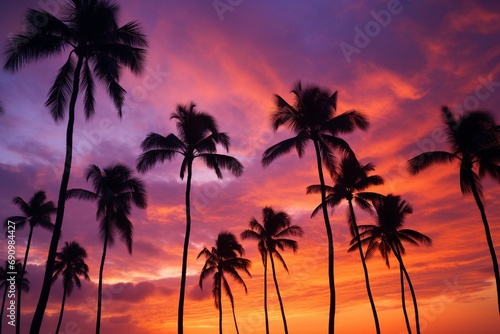 Tropical palm trees silhouetted against a vivid sunset  with the sky painted in shades of orange  pink  and purple.