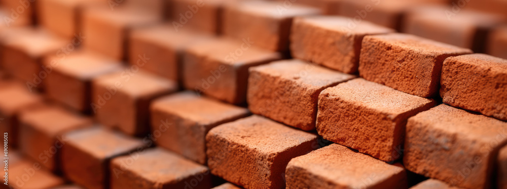 Panorama Close-up of classic orange bricks for building construction and cladding the facade of a building. Wallpaper for construction store, background for banner.