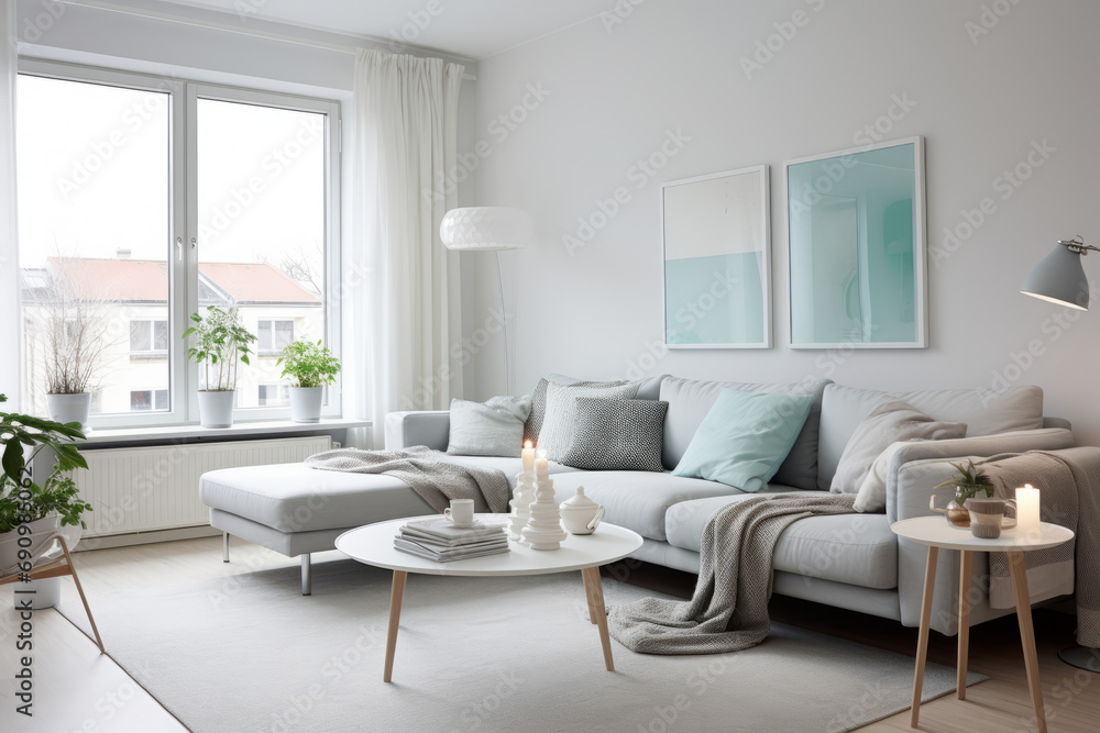 Bright living room with gray sectional sofa, round tables, floor lamp, and pastel wall art.