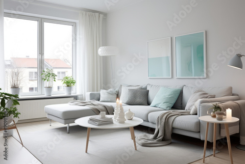 Bright living room with gray sectional sofa, round tables, floor lamp, and pastel wall art.