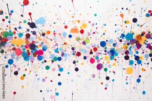 Vibrant bursts of colored confetti raining down against a pristine white New Year's background.