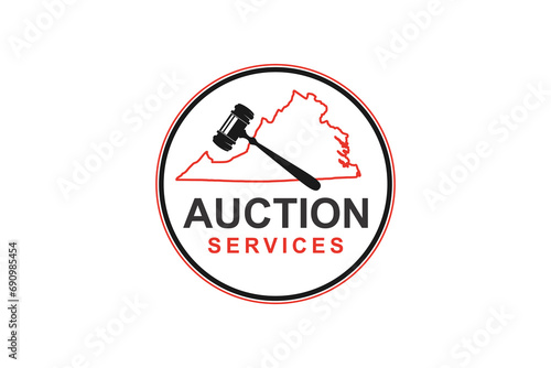 Virginia auction hammer logo design Virginia map outline.