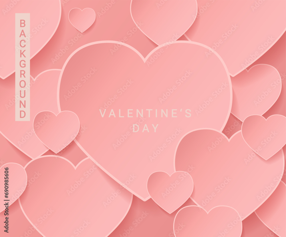 Pastel pink banner,poster,card for Valentine's day.Backdrop for cosmetic product display.Background from hearts.Template for flyer,greeting, invitation,web for february 14.Vector in paper style.