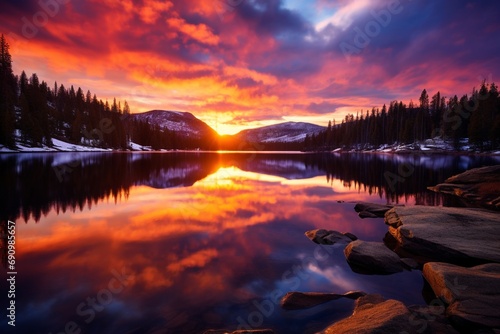 Vibrant sunset over a serene mountain lake, reflecting the warm hues of the sky and surrounding landscape.