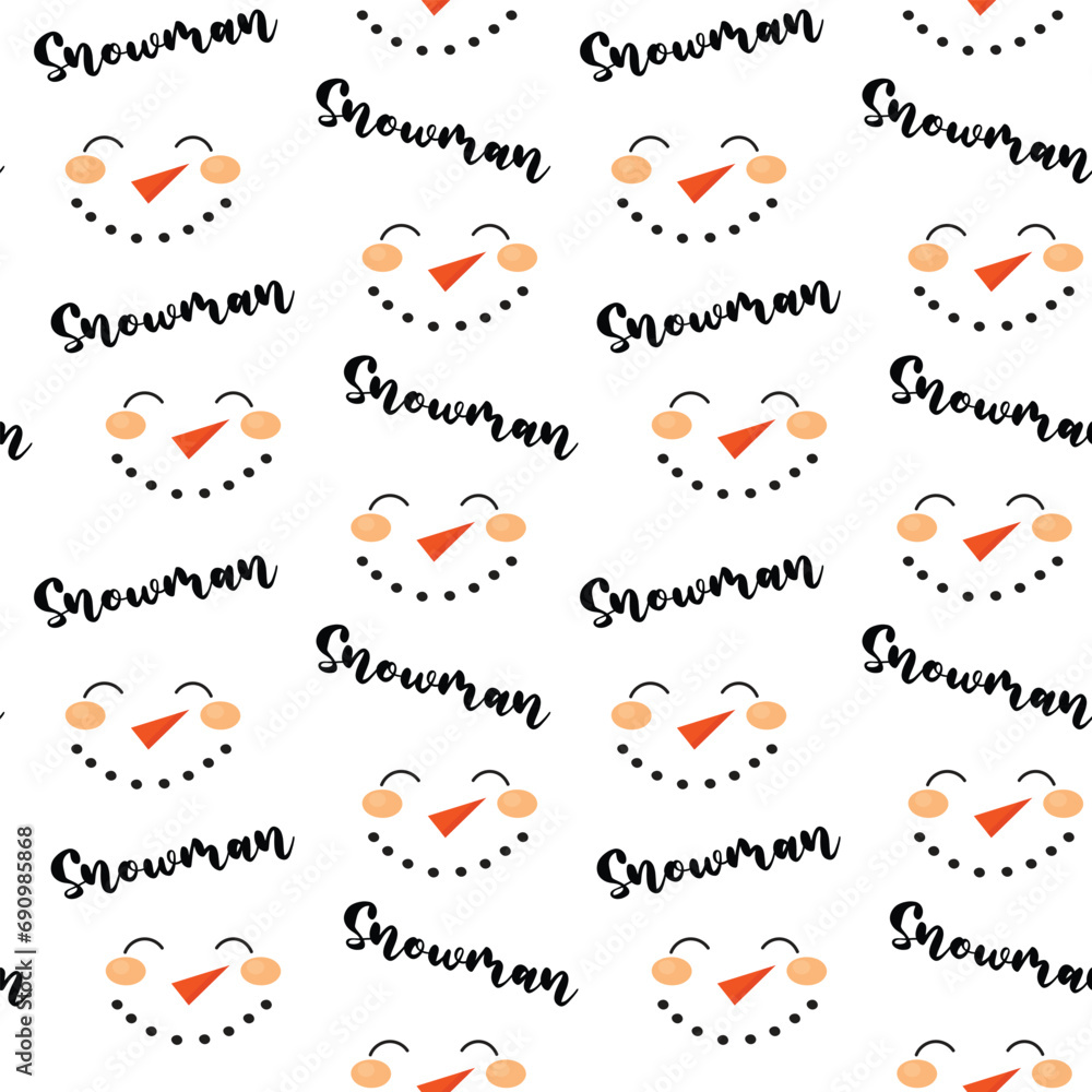 Seamless pattern illustration of a snowman face and lettering. Red carrot nose and smile.