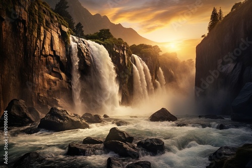 Waterfall cascading down a rocky cliff, with the sun setting behind it, casting a golden mist in the air.