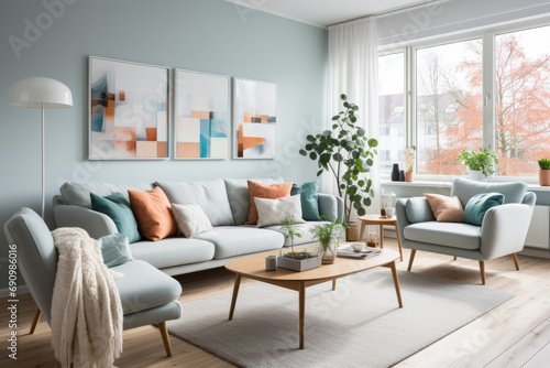 Modern living room with teal sofa, armchair, wooden coffee table, and wall art. © Flow_control