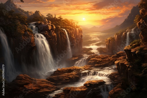 Waterfall cascading down a rocky cliff, with the sun setting behind it, casting a golden mist in the air. © Faisu