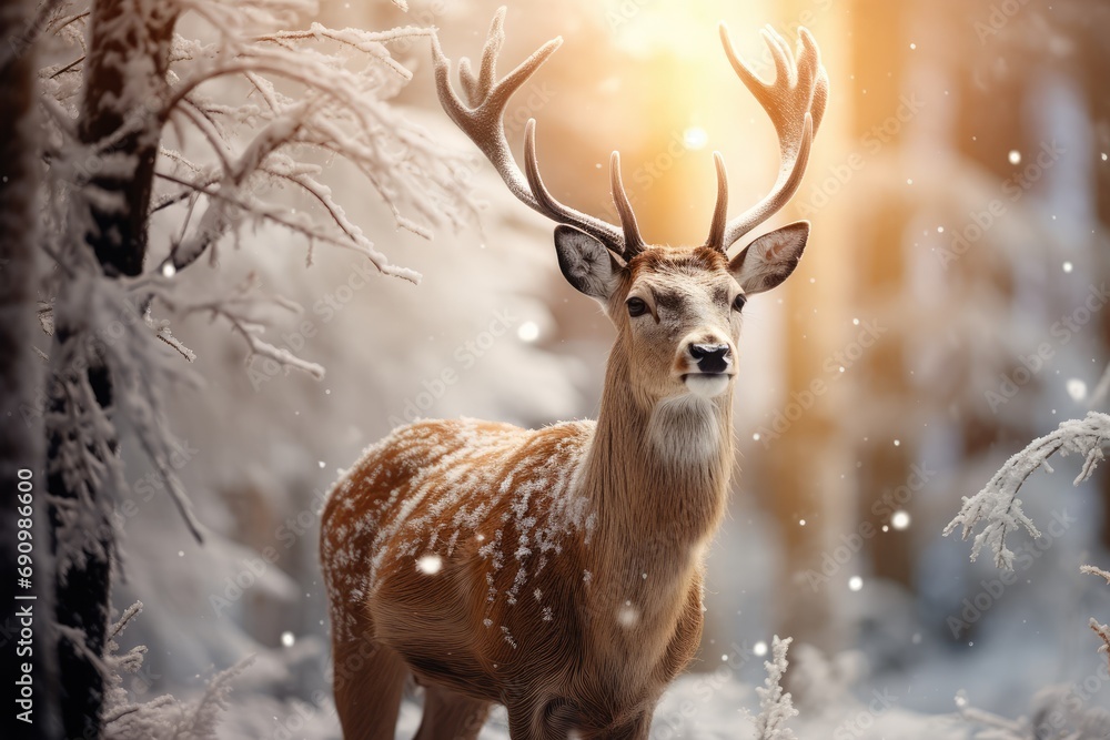 Christmas Wildlife Adventure - Deer in a Forest in a snowy setting - Xmas - AI Generated Christmas Wildlife Adventure - Deer in a Forest in a snowy setting - Xmas - AI Generated