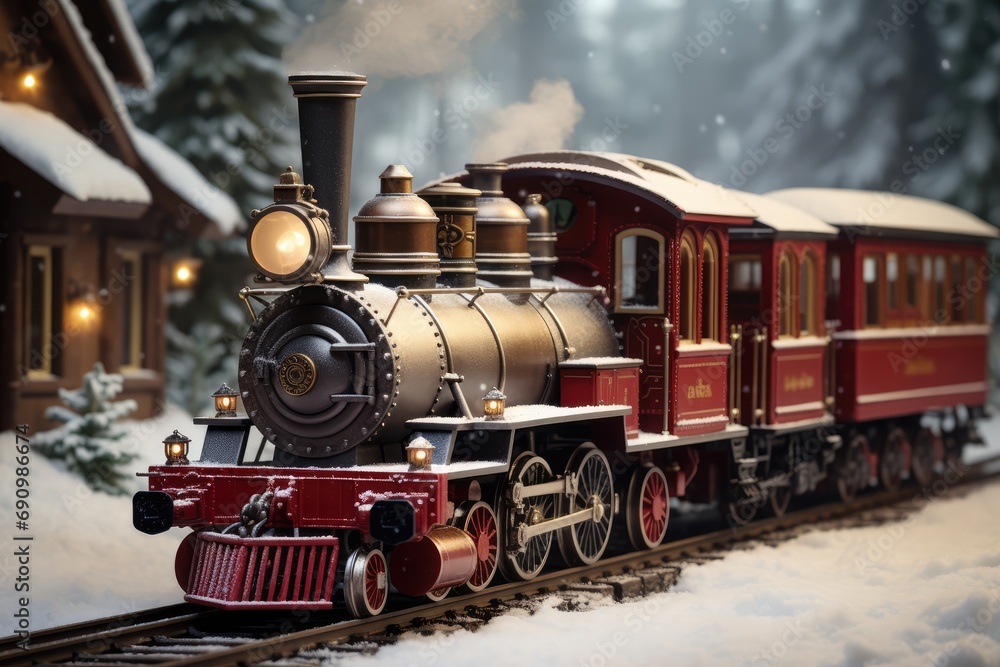 Nostalgic Christmas Train Ride - A vintage steam train decked out for Christmas, chugging through a winter wonderland - AI Generated