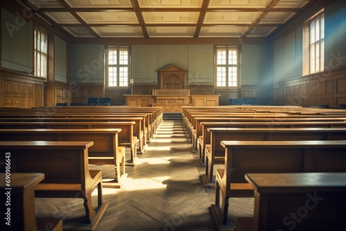 Historic Lecture Hall - An old, prestigious university lecture hall with wooden benches - AI Generated