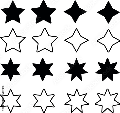 Zestaw ikon gwiazd o różnym kształcie. Wektor gwiazdy.