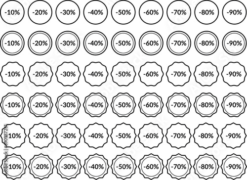 Zestaw ikon, etykiety rabatowe, promocja. 10% zniżki, 20% zniżki, 30% zniżki, 40% zniżki, 50% zniżki, 60% zniżki, 70% zniżki, 80% zniżki, 90% zniżki.