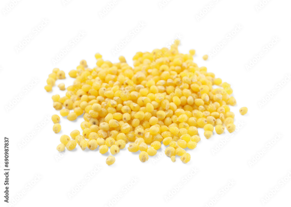 Pile of dry millet seeds isolated on white Pile of dry millet seeds isolated on white