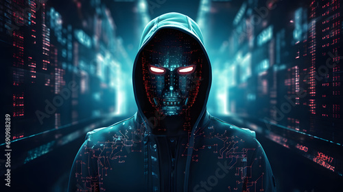 Anonymous hacker with luminous data, representing the realms of cybersecurity, cybercrime, and cyberattacks. generative AI