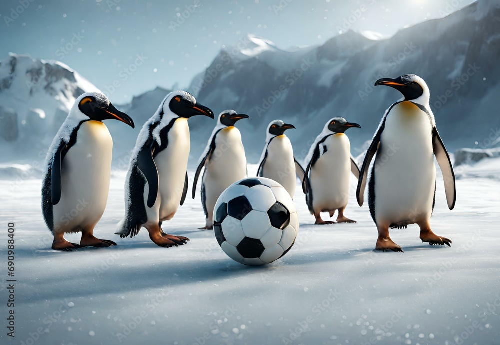 Fototapeta premium A group of penguins playing soccer on an icy field