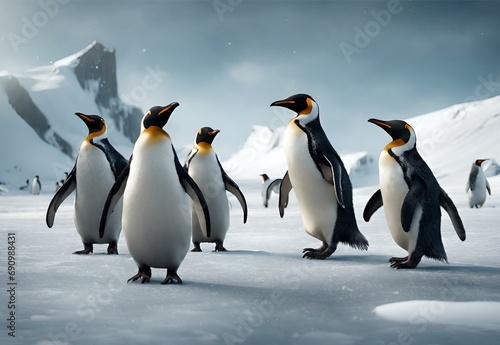 A group of penguins playing soccer on an icy field