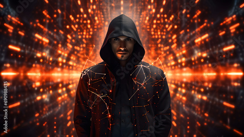 Anonymous hacker with luminous data, representing the realms of cybersecurity, cybercrime, and cyberattacks. generative AI