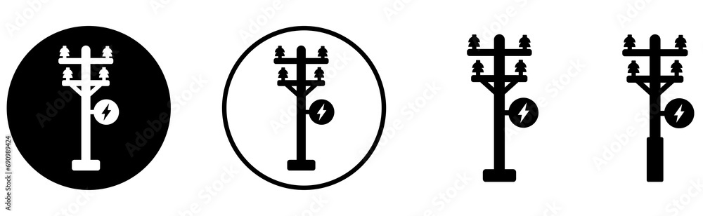 Electric pole icon set on transparent background. Utility pole sign. Electricity, power, energy transmission sign. - obrazy, fototapety, plakaty 