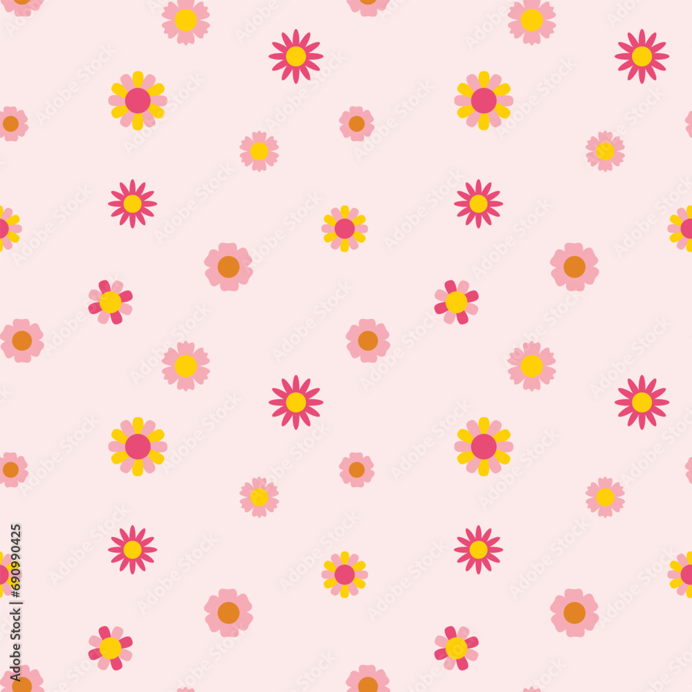 Seamless pattern, small groovy flowers on a pink background. Children's print, textile, vector Seamless pattern, small groovy flowers on a pink background. Children's print, textile, vector