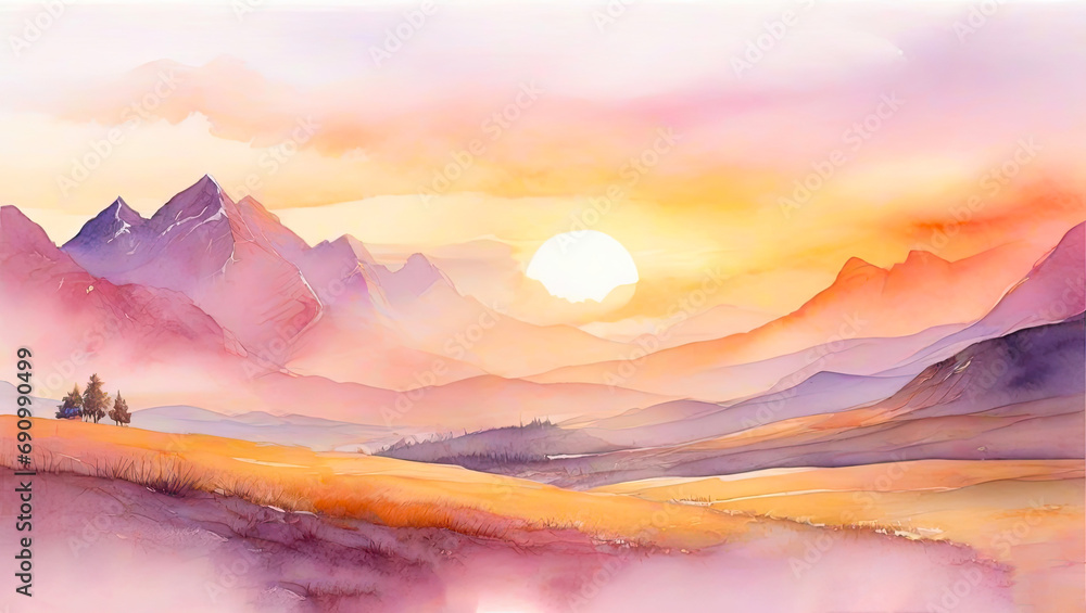 Watercolor illustration of beautiful calm landscape. Scenic nature view painting.