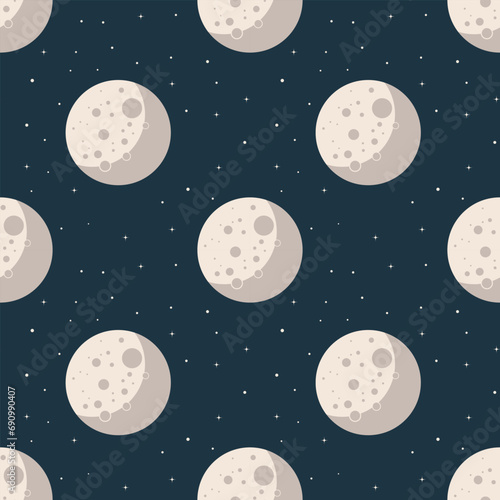 Seamless pattern  full moon and stars on a blue background. Children s print  textile  vector