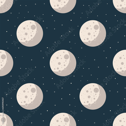 Seamless pattern, full moon and stars on a blue background. Children's print, textile, vector