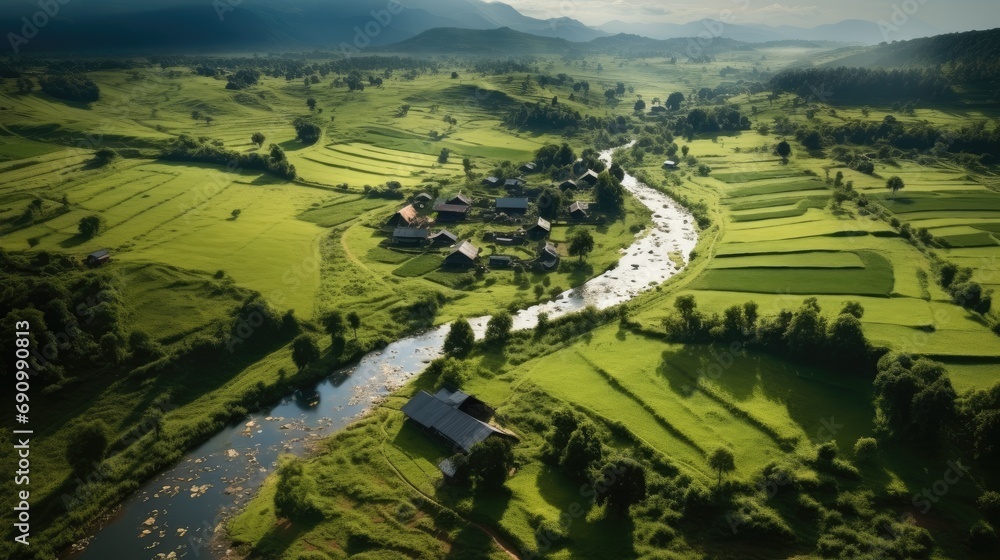 An aerial view of a farm integrated into a natural landscape, emphasizing the importance of biodiversity.