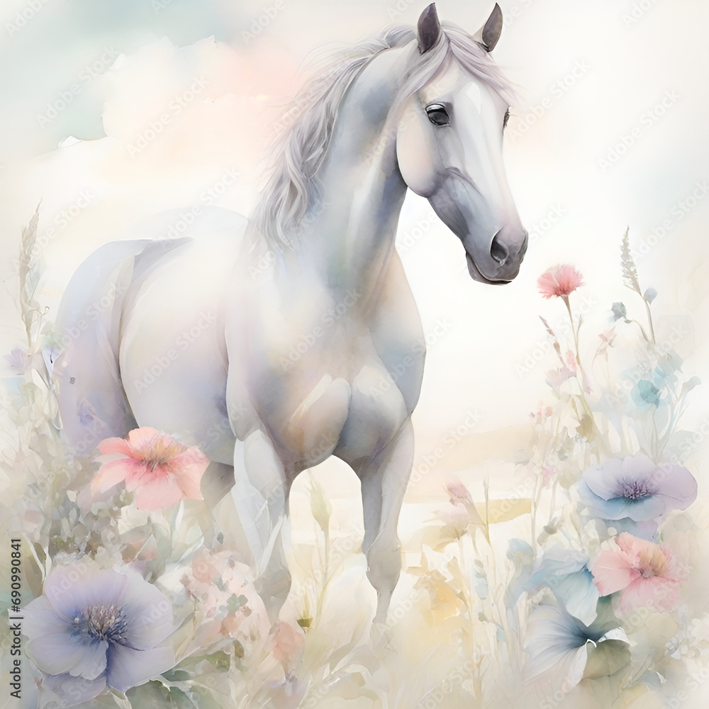 Naklejka premium Watercolor Horse Illustration, generative ai