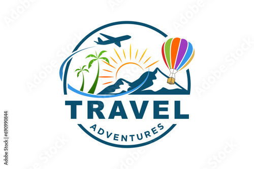Travel logo, holiday trip, mountain view, airplane and hot air balloon tour.