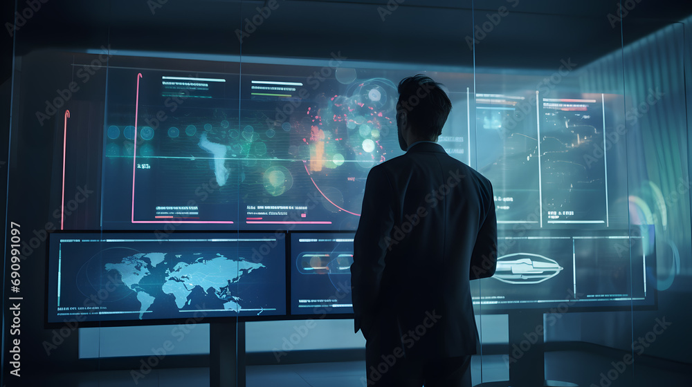 businessman using a tablet to analyze complex data sets in real-time, with a digital interface overlaid onto the scene that high. generative AI businessman using a tablet to analyze complex data sets in real-time, with a digital interface overlaid onto the scene that high. generative AI