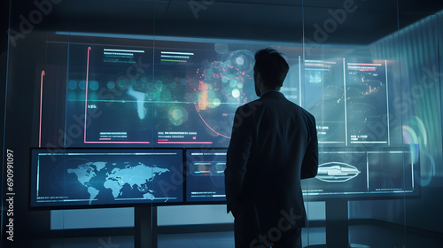 businessman using a tablet to analyze complex data sets in real-time, with a digital interface overlaid onto the scene that high. generative AI © Gennie Fx