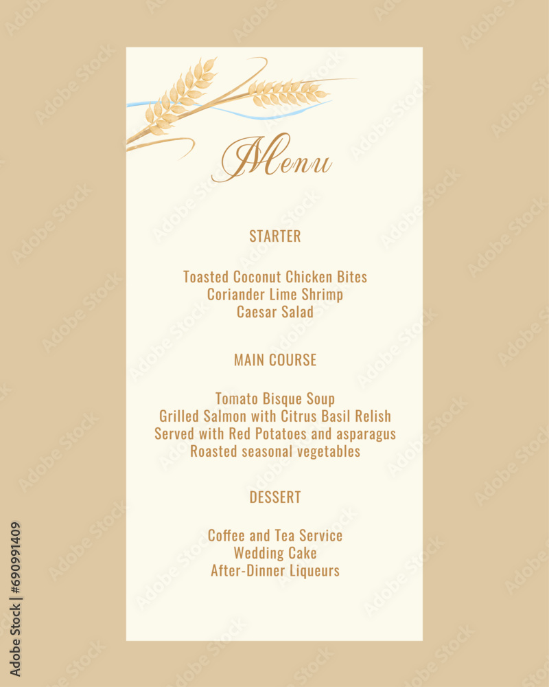 Menu card with wheat in rustic style, template design with watercolor