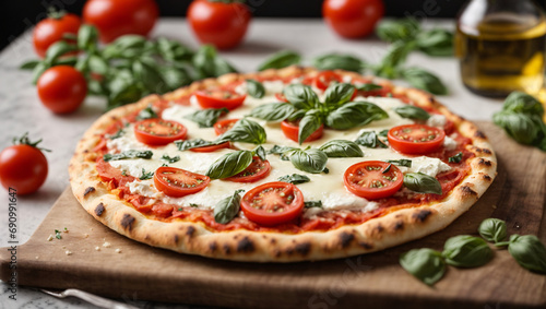Classic Margherita Pizza, Thin Crust topped with Fresh Mozzarella, Ripe Tomatoes, Basil Leaves, and a Drizzle of Olive Oil.