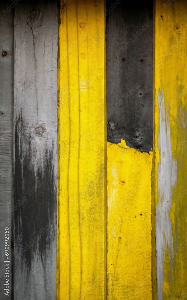 Old wooden wall painted in yellow, gray and black colors. Abstract background. Generative Ai
