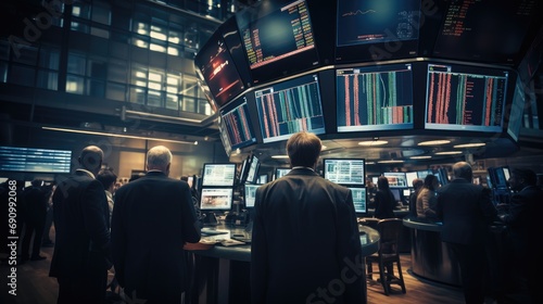 A bustling stock exchange floor with traders and screens displaying various seeking capital, Energy, Trade, Stock Market.